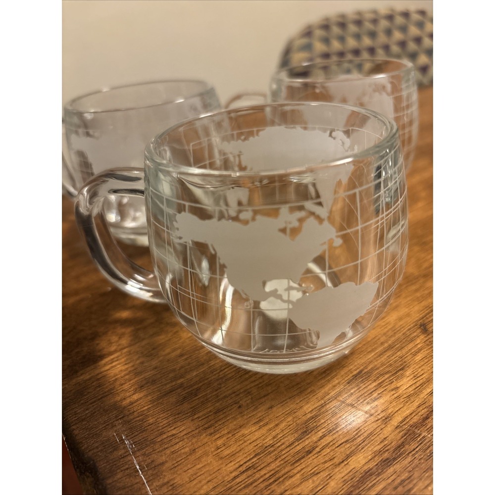 Vintage Nestle Etched Clear Glass World Globe Map COFFEE MUGS - Set Of 3